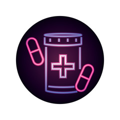 covid 19 coronavirus pandemic medicine bottle capsules neon style icon