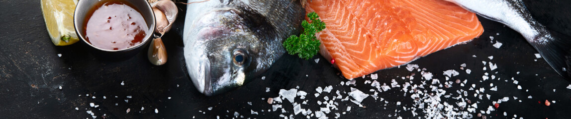 Fresh raw fish and seafood