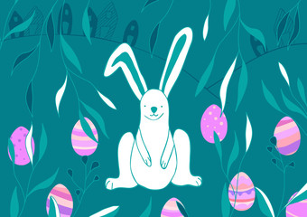 White easter bunny with eggs on emerald background