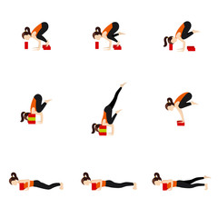 Supported arm balances yoga asanas set/ Stylized woman practicing bakasana and chaturanga with blocks
