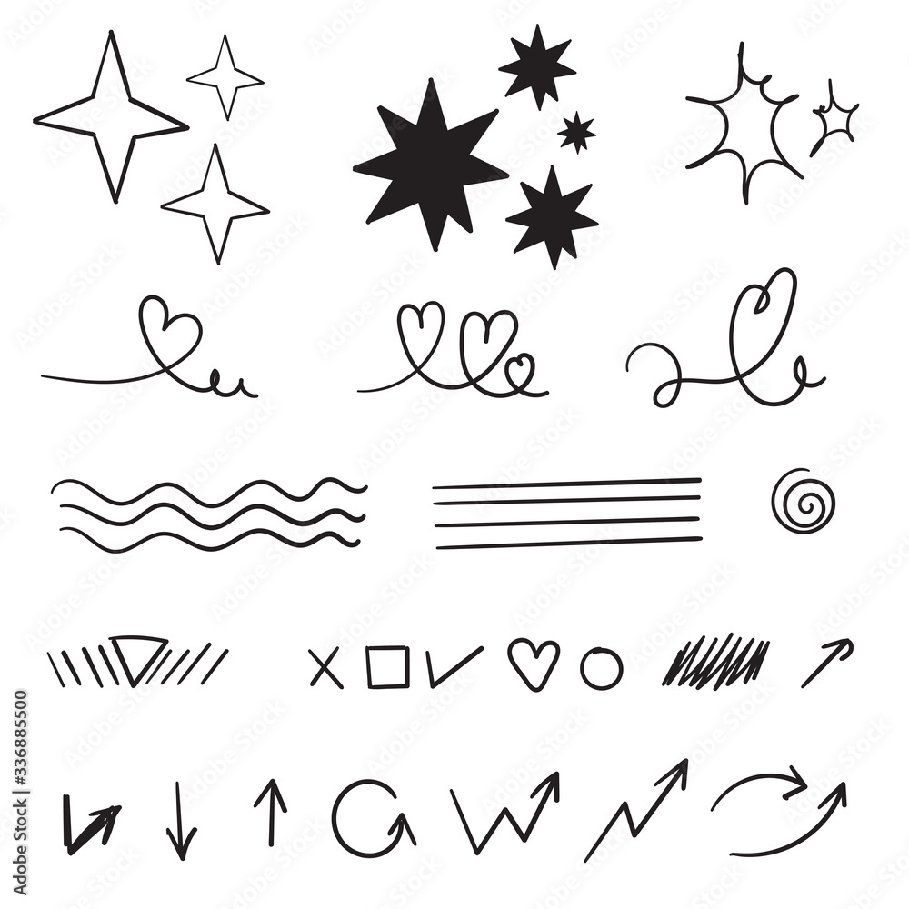 Wall mural hand drawn set of doodle elements. black and white linear pattern. sketch style vector collection. c