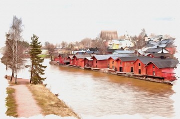 City of Porvoo. Former customs terminals. Imitation of a picture. Oil paint. Illustration