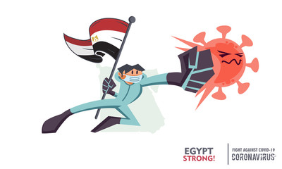 Person with biohazard suit holding national flag fighting coronavirus pandemic or coronavirus outbreak 2019 COVID-19. National map on background. Scalable and editable vector illustration.