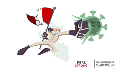 Person with biohazard suit holding national flag fighting coronavirus pandemic or coronavirus outbreak 2019 COVID-19. National map on background. Scalable and editable vector illustration.