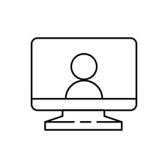 Computer screen icon with a live broadcast on a streaming channel with a symbol of a person having a video call or online conference meeting.