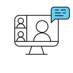 Computer screen icon with a live broadcast on a streaming channel with a symbol of a person having a video call or online conference meeting.