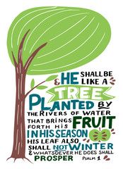 Hand lettering with Bible verse He shall be like a tree. Psalm 1