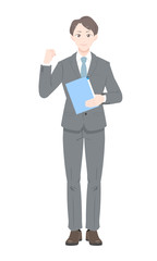 ガッツ　ポーズ　ビジネス　スーツ　書類　男性　全身