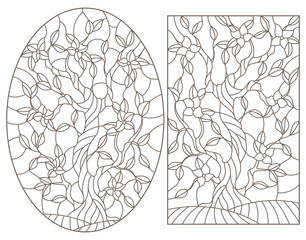 Set contour illustrations of stained glass with the image of the blossom trees, daek contours on a white background