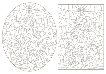 Contour illustrations of a stained glass window with a Christmas tree and a toy bear ,dark outlines on white background
