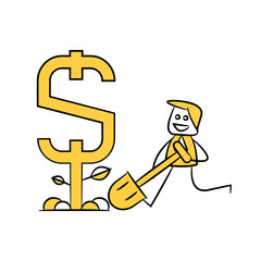 businessman plants dollar for investment concept yellow stick figure design