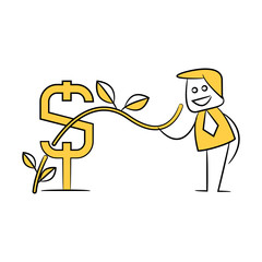 businessman plants dollar for investment concept yellow stick figure design