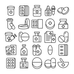 medicine, capsule and pill icons line theme