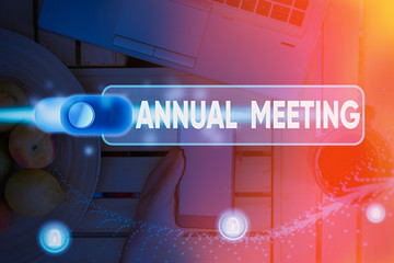 Conceptual hand writing showing Annual Meeting. Concept meaning yearly meeting of the general membership of an organization