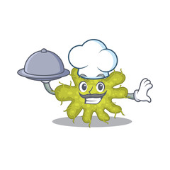 Bacterium chef cartoon character serving food on tray