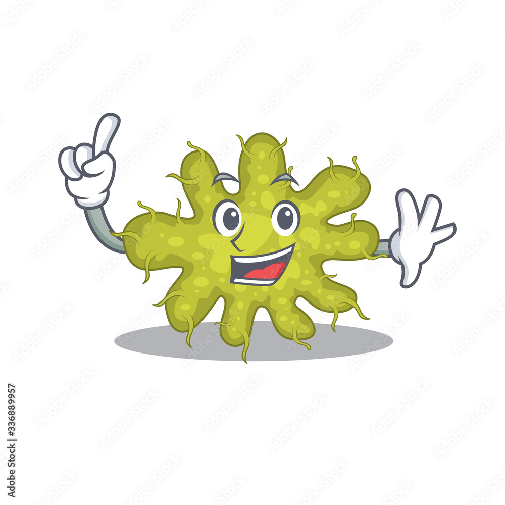 Sticker bacterium mascot character design with one finger gesture