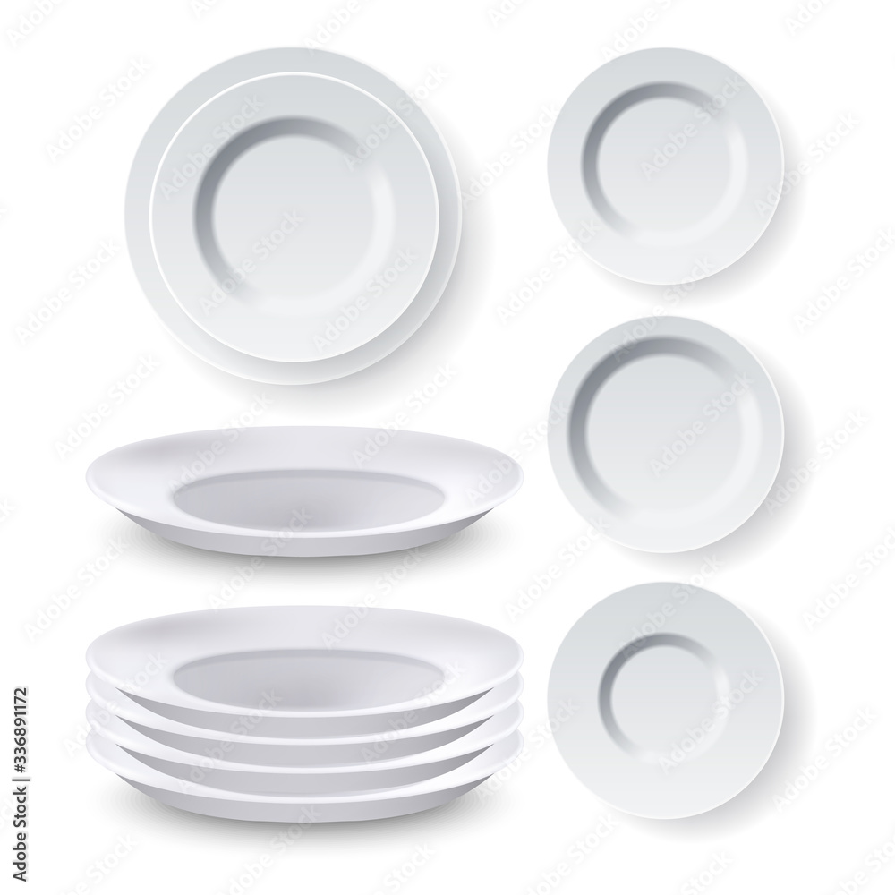 Sticker Plates Dinner Equipment Collection Set Vector. Blank Different Style Dining Empty Ceramic Plates For Meal And Food. Modern Clean Round Tableware, Bowl For Eating Template Realistic 3d Illustrations