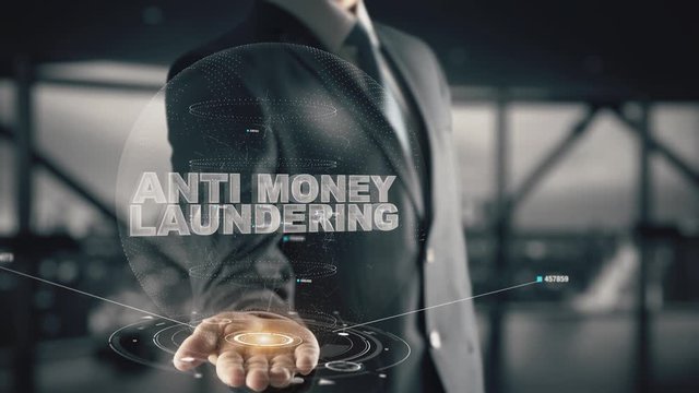 Anti Money Laundering with hologram businessman concept