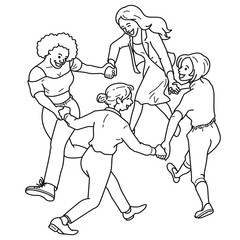 Group of women holding hands, joining together dance in circle, in concept of International Women's Day, 8 March. Outline, thin line art, flat design, simple style.