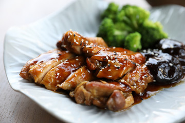 japanese food , Chicken teriyoki with rice on wood background