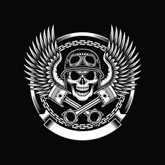 Vintage Biker Skull With Wing and Piston Emblem