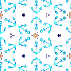 Nautical summer blue seamless pattern with anchors. Watercolor isolated on white background. For fashion, bandanas, textile design
