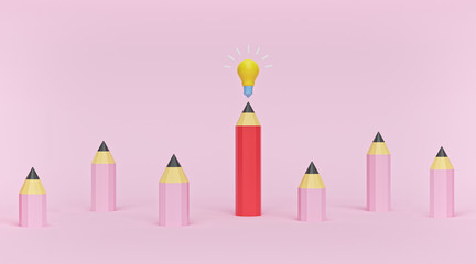 red pencil and light bulb stand out from many pink pencils. creative conceptual design. concept of different and unique idea. 3d rendering