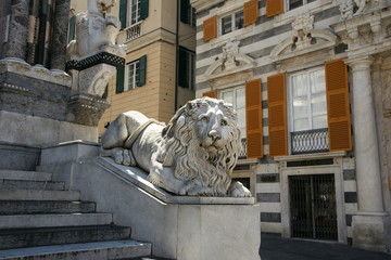 Marble Lion statue in front of the Cathedral of San Lorenzo (Genova -Italy)