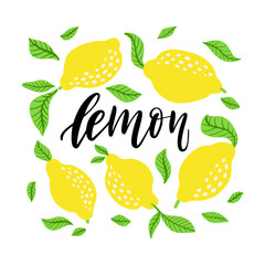 Lemons frame and lemonade lettering. Homemade lemonade logo and sign with floral lemon and leaves frame