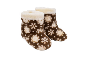 Warm children's home shoes with snowflakes.