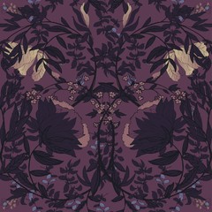 Seamless floral vector pattern with twigs and soft purple flowers of plants on a dark blue, indigo background. Symmetric ornament in the style of medieval tapestries and works of William Morris.