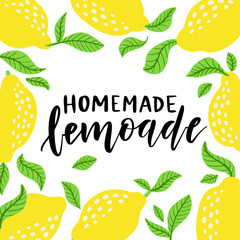 Lemons frame and lemonade lettering. Homemade lemonade logo and sign with floral lemon and leaves frame in cartoon style