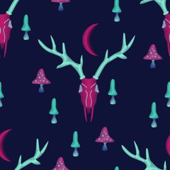 Seamless vector pattern with magical, witchy elements of dark, satanic cults-deer horns, poisonous mushrooms and crescent moon sickle. Violet background.