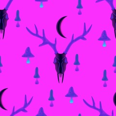 Seamless vector pattern with magical, witchy elements of dark, satanic cults-deer horns, poisonous mushrooms and crescent moon sickle. Violet background.