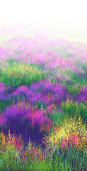 Field of delicate flowers in front of a forest. Lavender. Impasto artwork. Impressionism art. can be used for  floral poster, invite. Decorative greeting card or invitation design background