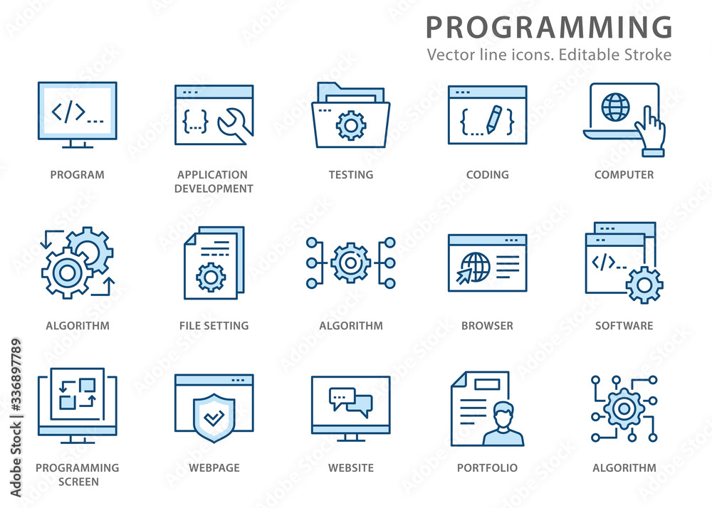 Poster programming line icon set. vector illustration. editable stroke.
