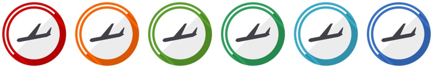 Arrivals icon set, flight, airplane flat design vector illustration in 6 colors options for webdesign and mobile applications