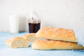 Homemade French baguette with jam for Breakfast