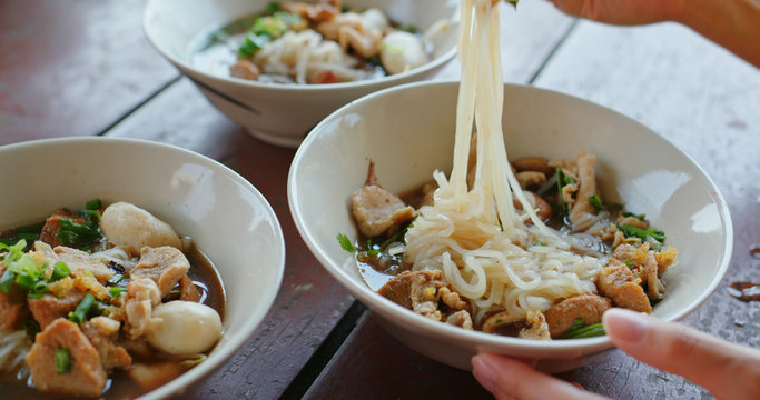 Woman Eat Thiland Boat Noodles