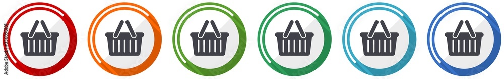 Poster shopping basket icon set, flat design vector illustration in 6 colors options for webdesign and mobi