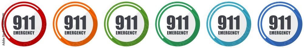Aufkleber Number emergency 911 icon set, flat design vector illustration in 6 colors options for webdesign and mobile applications