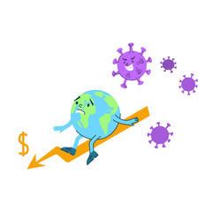 Coronavirus covid-19 economic crisis concept - angry virus and upset planet Earth on financial scheme, epidemic and global situation - funny flat cartoon character spot illustration - vector