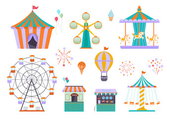 amusement park. different funny attractions for kids ride wheel circus tent carousel. vector playground elements © alex_cardo