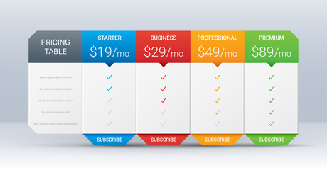 Price comparison table layout template for four products, vector illustration
