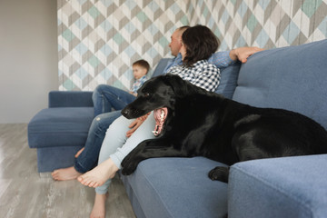 Labrador dog yawning besides. Love for animals concept. Portrait of smiling family with son and dog sitting on sofa. What to do during quarantin. Stay home Self-isolation. Boring