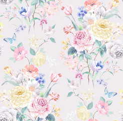 Fototapety  Watercolor seamless pattern with rose flowers. Perfect for wallpaper, fabric design, wrapping paper, surface textures, digital paper. 