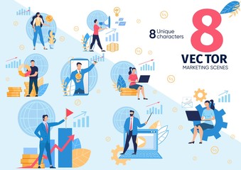 Business Trainer, Successful Businessman, Company Leader and Financial Analyst Life Scenes, Situations, Digital Marketing, Online Ads, Financial Success Concepts Trendy Flat Vector Illustrations Set