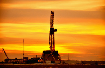 The drilling rig during sunset