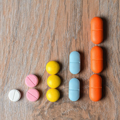 Concept graphics of multi-colored tablets. Graph of the increase in the incidence of viral infection COVID-19.