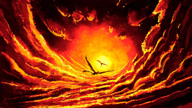 An incredible fairy-tale sky lit by the setting sun, to which two dragons fly, in the sky there are many clouds and barely visible stars. 2D illustration.